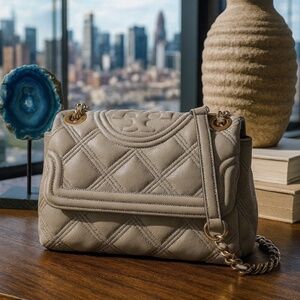 NEW Tory Burch Soft Fleming Gray Heron Leather Small Convertible Shoulder Bag